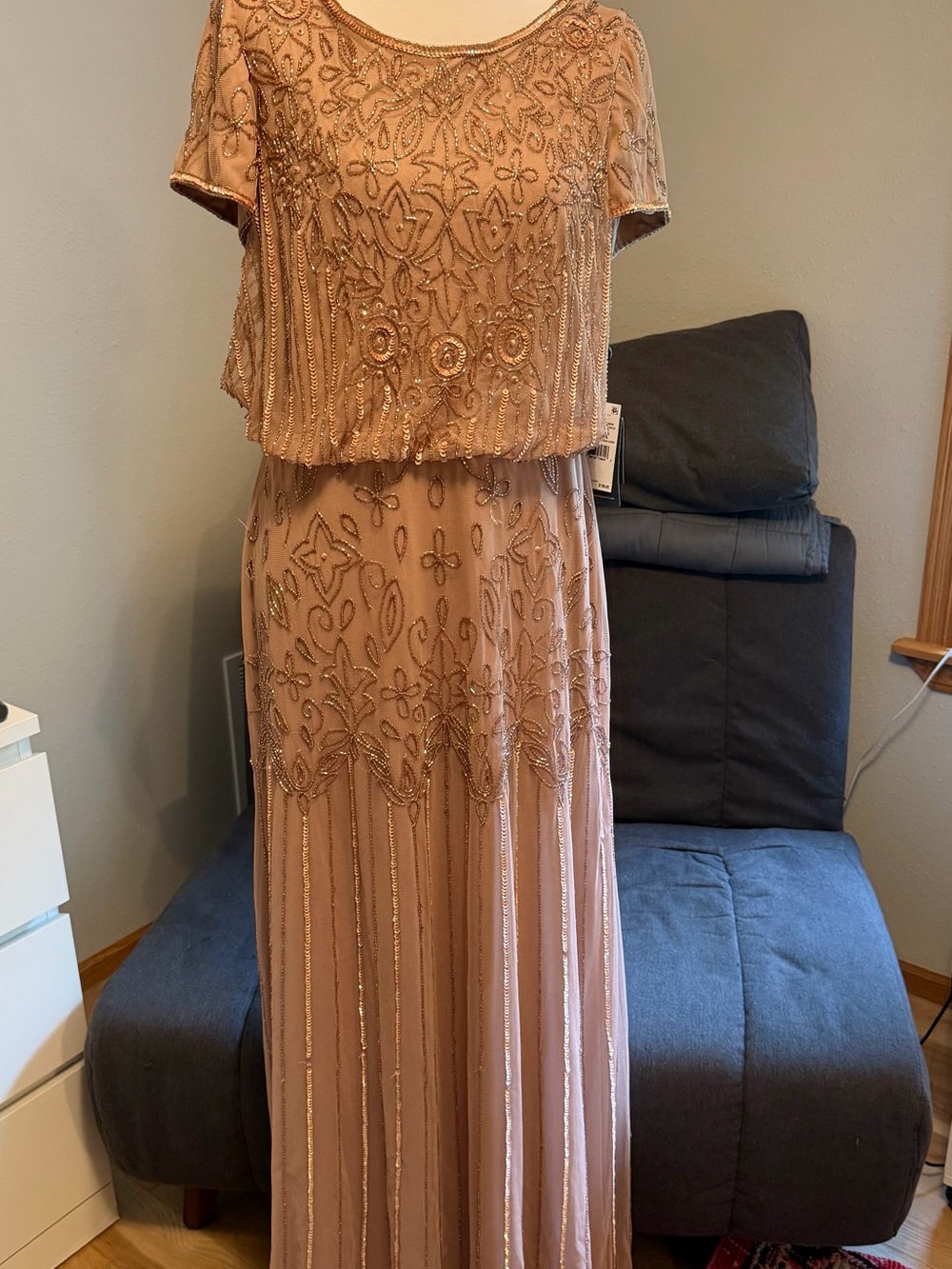 Adrianna Papell Embellished Rose Gold Maxi Dress